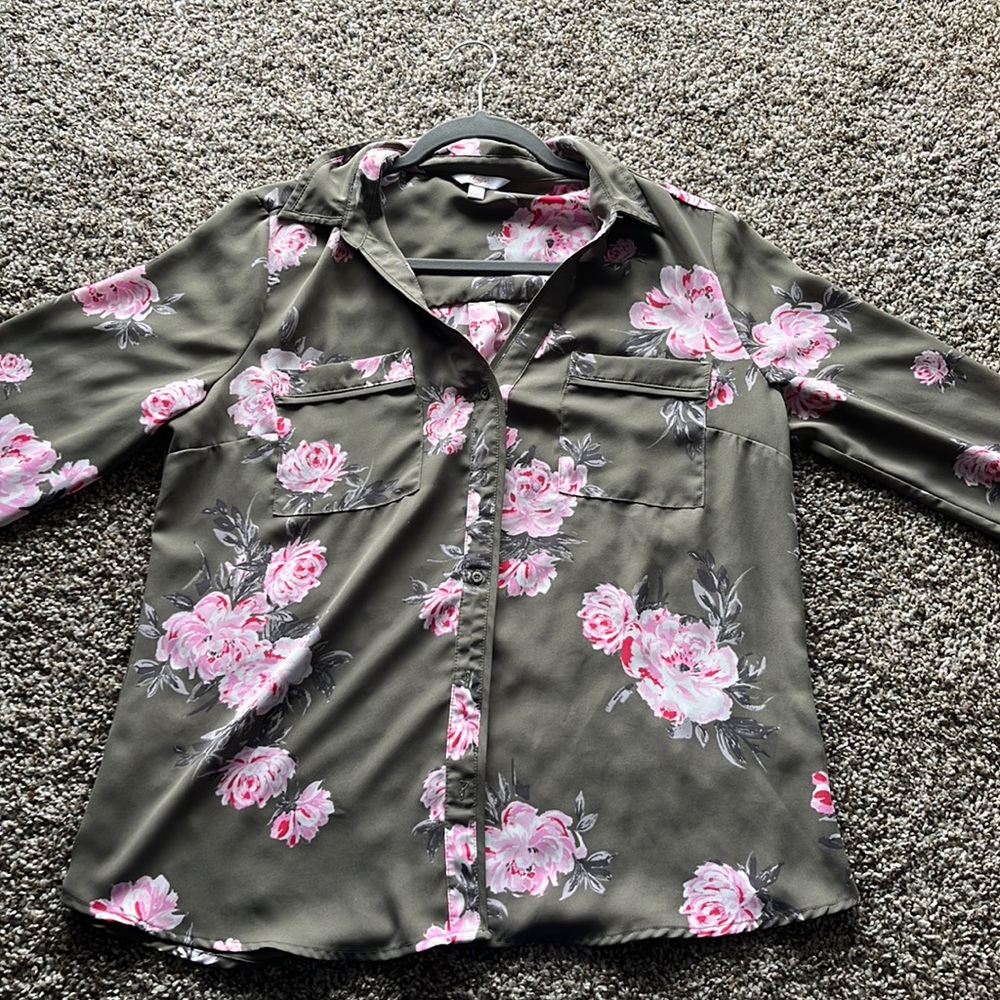 Sage Green Pink Floral Pattern Candies Button Up(Large)